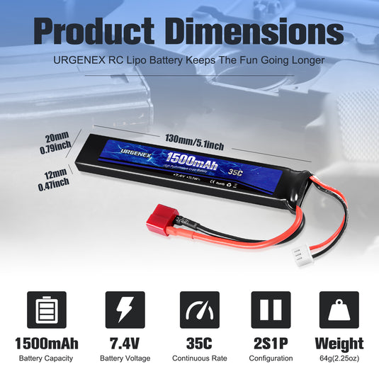 URGENEX Airsoft Battery 7.4V 1500mAh 35C High Discharge Rate Lipo Battery Pack with Deans T Plug Rechargeable 2S Lipo Battery for Airsoft Model Guns