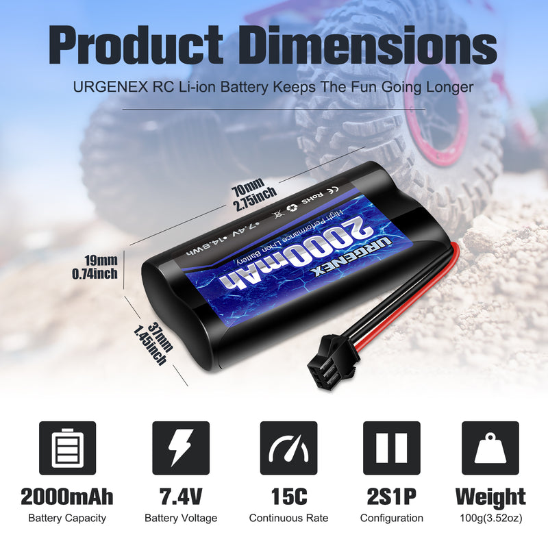 Load image into Gallery viewer, 2S RC Battery 2000mAh 7.4V Li-ion Battery with SM3P Plug 2S Rechargeable RC Battery with 2 USB Chargers Fit for RC Toys RC Car Truck and RC Tank
