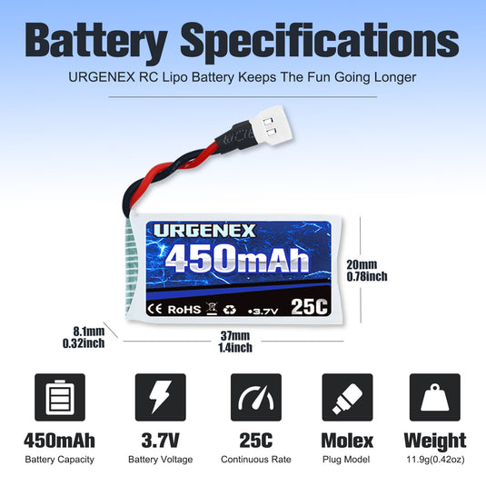 URGENEX 3.7V Drone Battery 450mAh 25C 1S Lipo Battery Fit for SYMA Holy Stone Drone Quadcopter Aircraft Parts 5PCS RC Battery with 5in1 Charger