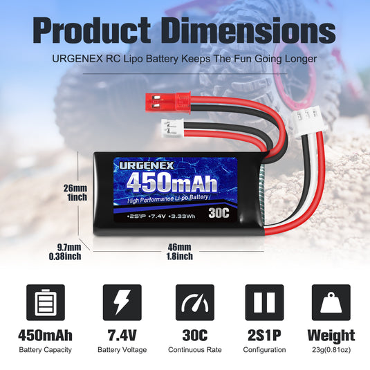 URGENEX 2S 30C 450mAh Rechargeable Lipo Battery with JST & PH2.0 Plug Fit for SCX24 RC Car Truck