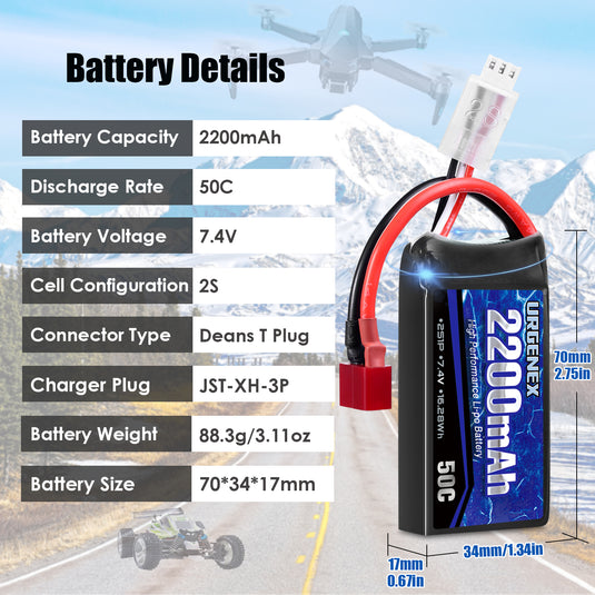 URGENEX 7.4V 2200mAh Lipo Battery 50C High Discharge Rate RC Batteries Deans T Plug with 1 to 2 USB Charger Fit for RC Car Truggy, RC Airplane, FPV Drone, UAV Quadcopter and Helicopter