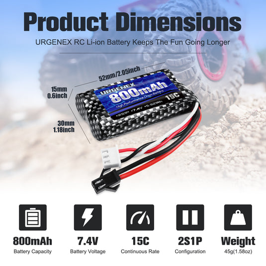 URGENEX 2 Pack 7.4V 800mAh 2S 15C Li-ion Battery  with 7.4V USB Chargers (Double Port)