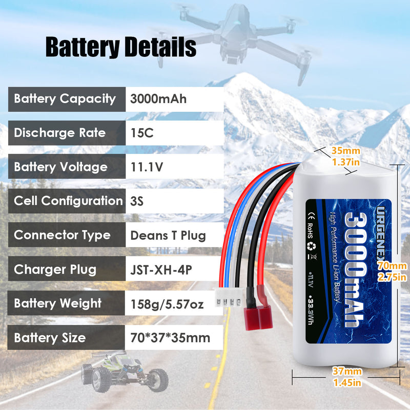 Load image into Gallery viewer, URGENEX 11.1V 3000mAh Li-ion Battery for R608 Brushless RC Boat 15C 3000mAh High Capacity RC Battery with Deans T Plug 33.3Wh 3S RC Boat Battery Fit for DEERC 2104 210E 200E High Speed RC Boats
