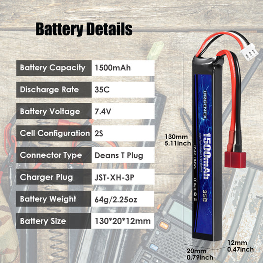 URGENEX Airsoft Battery 7.4V 1500mAh 35C High Discharge Rate Lipo Battery Pack with Deans T Plug Rechargeable 2S Lipo Battery for Airsoft Model Guns