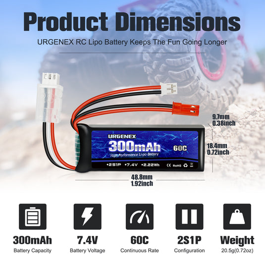 URGENEX SCX24 Battery 7.4V Lipos 2S 60C(Burst 120C) 300mAh Rechargeable Mini Lithium Battery with JST&PH2.0 Double Discharge Plug Fit for SCX24 RC Car WLtoys RC Truck and Most Airplane 1TO2 Charger