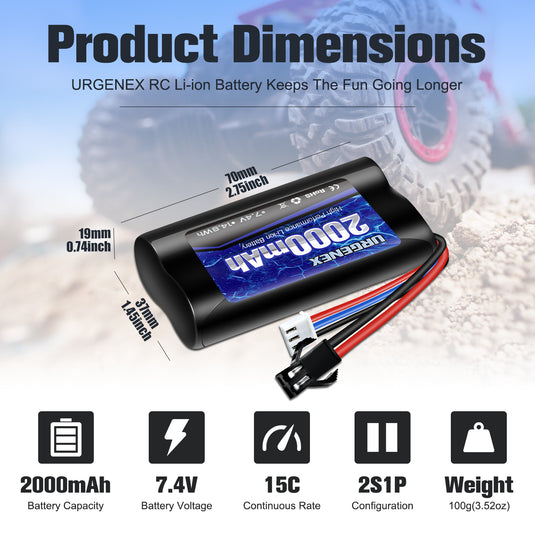 7.4V Li-ion Battery 2000mAh 2S Battery with SM 2P Plug High Capacity for Remote Control RC Boat 2 Pack H101 RC Batteries with 2*USB Chargers