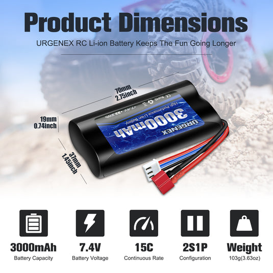 URGENEX 3000mAh 7.4 V Li-ion Battery with Deans T Plug 2S Rechargeable RC Battery Fit for WLtoys 4WD High Speed RC Cars and Most 1/10, 1/12, 1/16 Scale RC Cars Trucks with 7.4V Battery Charger