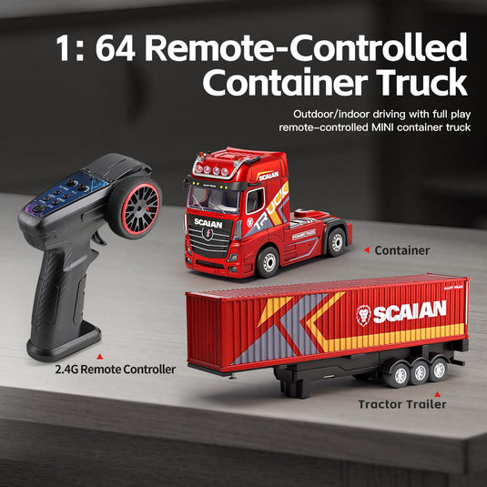 WLtech XK 1:64 Remote Control Container Truck, 2.4G 4WD Mini RC Semi-T ...
