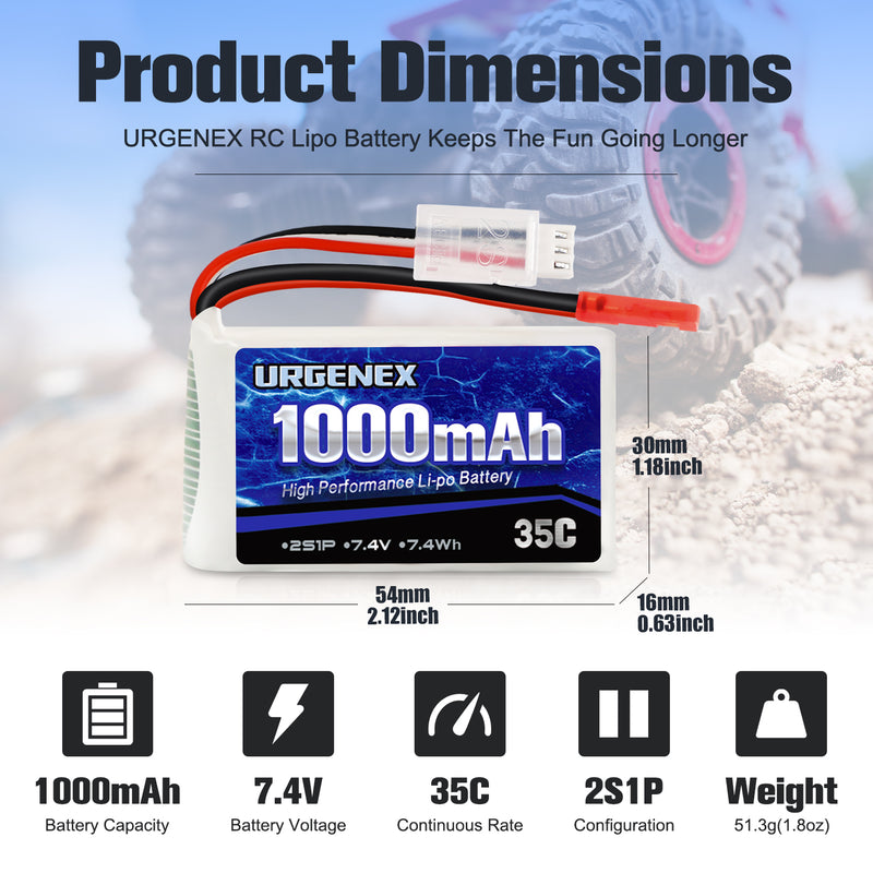 Load image into Gallery viewer, URGENEX 7.4V Lipo Battery 1000mAh 2S Li-Po Battery 35C with JST Plug RC Batteries Fit for WLtoys Rc Cars A949 A959 A969 A979 K929 and Most 1/10, 1/16, 1/18, 1/24 Scale RC Cars Remote Control Cars

