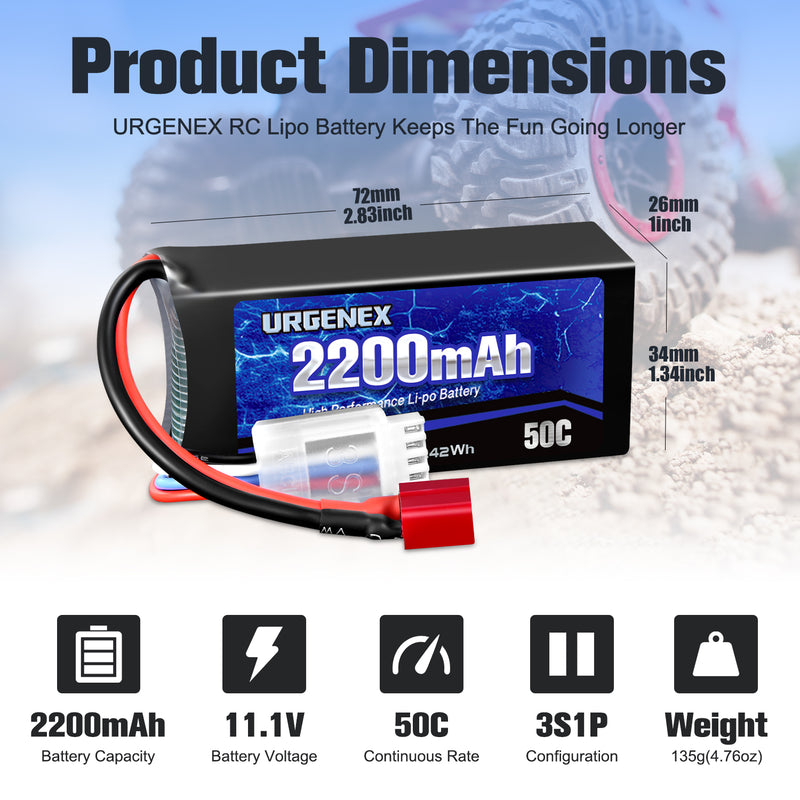 Load image into Gallery viewer, URGENEX 3S Lipo Battery 2200mAh 11.1V 50C High Discharge Rate RC Batteries with Deans T Plug Fit for RC Car Truggy, RC Airplane, FPV Drone, UAV Quadcopter, Helicopter and RC Boats Racing Models 2 Pack
