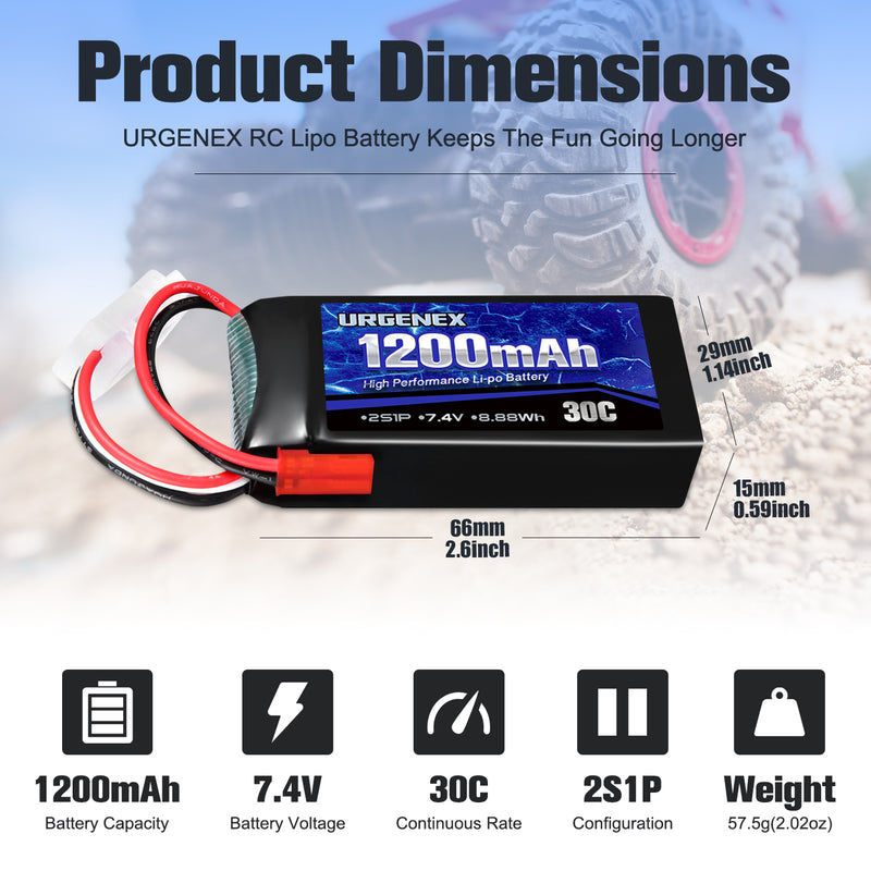 Load image into Gallery viewer, URGENEX 7.4V 1200mAh RC Car Battery, Rechargeable Lipo Battery with JST Plug 1200mAh 30C
