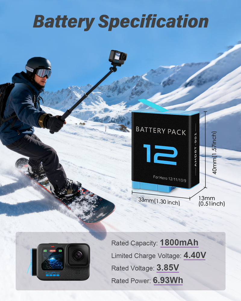 Load image into Gallery viewer, GoPro Hero 12 Battery 1800mAh 3.85V Replacement Camera Battery , Compatible with Hero 12/ Hero 11/ Hero 10/ Hero 9 Camera Accessories

