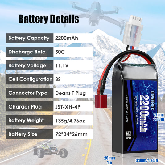 URGENEX 3S Lipo Battery 2200mAh 11.1V 50C High Discharge Rate RC Batteries with Deans T Plug Fit for RC Car Truggy, RC Airplane, FPV Drone, UAV Quadcopter, Helicopter and RC Boats Racing Models 2 Pack