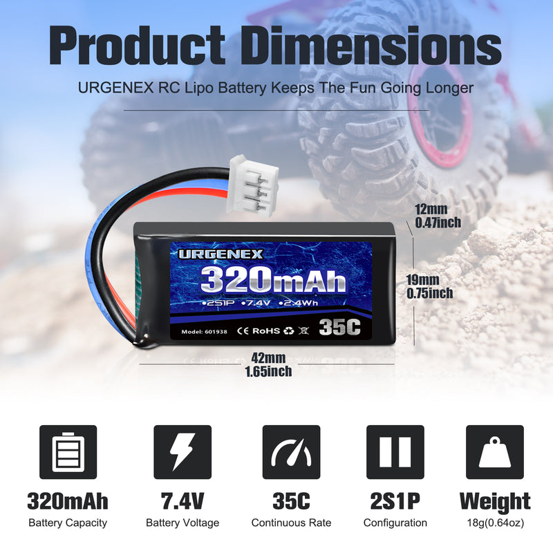 Load image into Gallery viewer, URGENEX 7.4V Lipo Battery 2S 35C 320mAh Rechargeable Lipo Battery PH2.0 3PIN Plug with USB Charger Cable Compatible with UMX 2S Airplane
