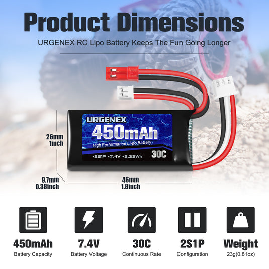 2S 7.4V 30C 450mAh Rechargeable Lipo Battery with JST & PH2.0 Plug Fit for Axial SCX24