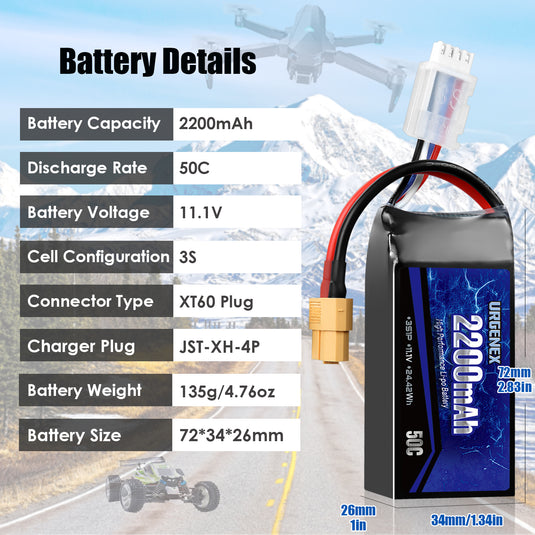 URGENEX 3S Lipo Battery 2200mAh 11.1V 50C High Discharge Rate RC Batteries with XT60 Connector Fit for RC Car Truggy, RC Airplane, FPV Drone, UAV Quadcopter, Helicopter and RC Boats Racing Models
