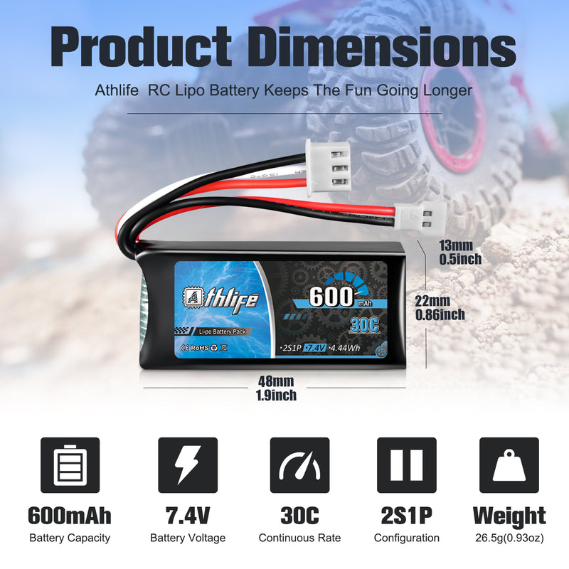 Load image into Gallery viewer, Athlife FCX24 Battery 7.4V 600mAh 30C Lipo Battery with Molex Plug
