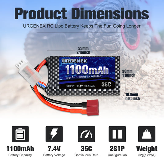 URGENEX 7.4V 1100mAh 2S 35C RC LiPo Battery with DeansT Plug