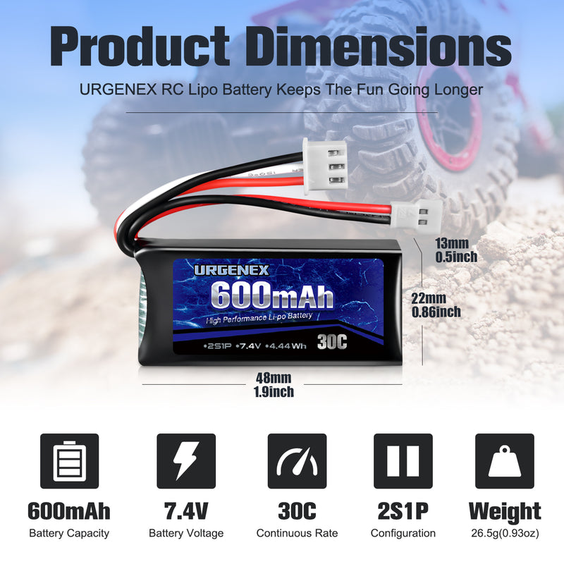 Load image into Gallery viewer, URGENEX FCX24 Battery 7.4V 600mAh 30C Lipo Battery with Molex Plug Fit for FMS FCX24 Atlas RC Car, Truck, Truggy 2S Rechargeable Li-Po Battery 2 Pack with 1 to 2 USB Charger
