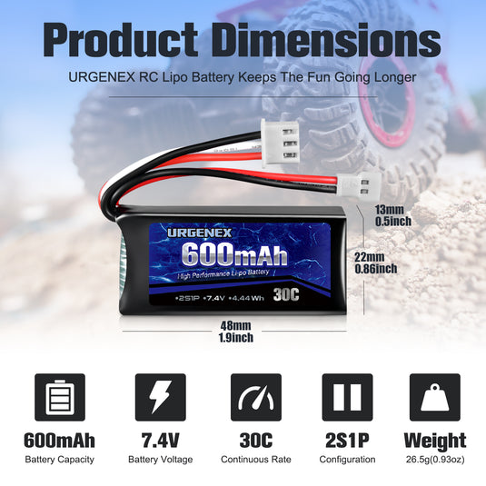 URGENEX FCX24 Battery 7.4V 600mAh 30C Lipo Battery with Molex Plug Fit for FMS FCX24 Atlas RC Car, Truck, Truggy 2S Rechargeable Li-Po Battery 2 Pack with 1 to 2 USB Charger