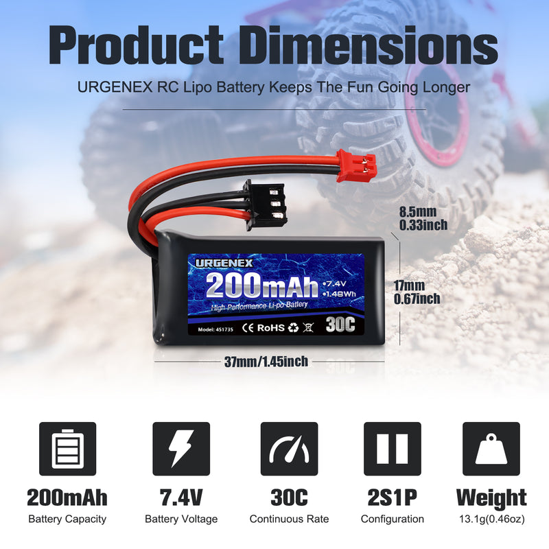 Load image into Gallery viewer, URGENEX 2S 30C 7.4V 200mAh Rechargeable Light Lipo Battery with PH2.0 Plug, Low Internal Efficient Energy Fit for Axial SCX30 Jeep Wrangler JLU, Ford Bronco &amp; Chevrolet K10 RC Crawlers
