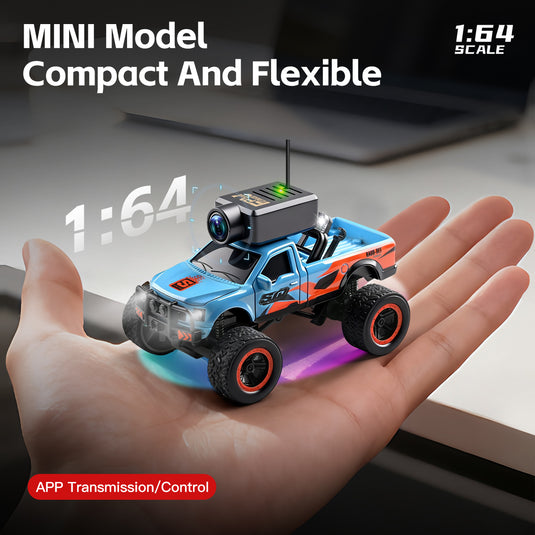 1:64 Mini RC Off-Road Truck with FPV Camera, 4WD Pocket Remote Control Car, APP Control, 3-Speed Adjustable, All-Terrain Micro RC Vehicle