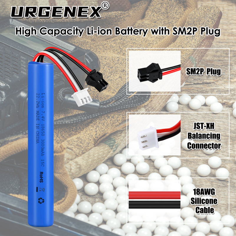 Load image into Gallery viewer, URGENEX Airsoft Battery 7.4V 3000mAh High Capacity Splatter Ball Gun Battery Pack with SM2P Plug and Mini Tamiya Plug Cable Fit for SRB1200, SRB400, SRB400-SUB, MP5K, M4, M110 Airsoft Gun Toy
