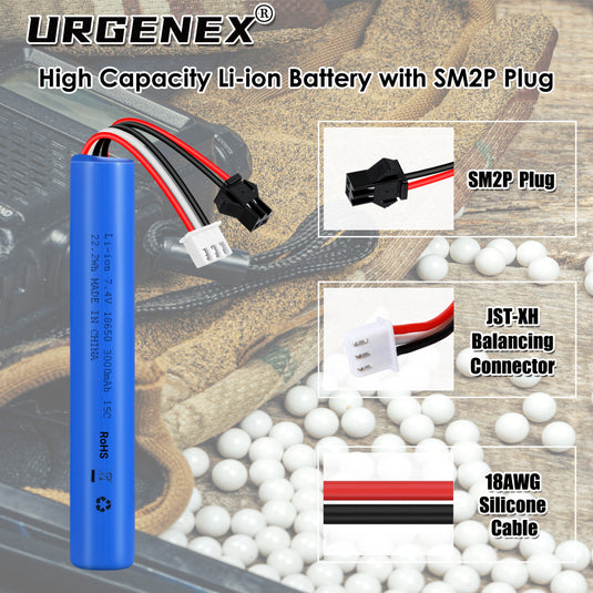 URGENEX Airsoft Battery 7.4V 3000mAh High Capacity Splatter Ball Gun Battery Pack with SM2P Plug and Mini Tamiya Plug Cable Fit for SRB1200, SRB400, SRB400-SUB, MP5K, M4, M110 Airsoft Gun Toy