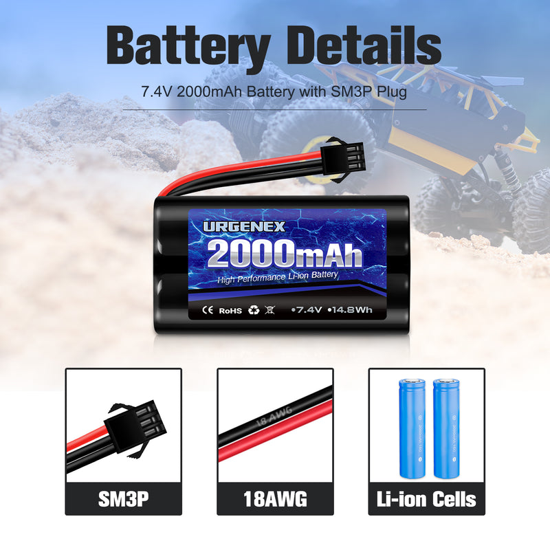Load image into Gallery viewer, 2S RC Battery 2000mAh 7.4V Li-ion Battery with SM3P Plug 2S Rechargeable RC Battery with 2 USB Chargers Fit for RC Toys RC Car Truck and RC Tank
