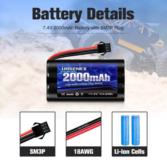 2S RC Battery 2000mAh 7.4V Li-ion Battery with SM3P Plug 2S Rechargeable RC Battery with 2 USB Chargers Fit for RC Toys RC Car Truck and RC Tank