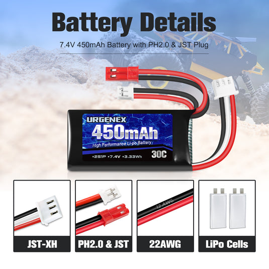 2S 7.4V 30C 450mAh Rechargeable Lipo Battery with JST & PH2.0 Plug Fit for Axial SCX24
