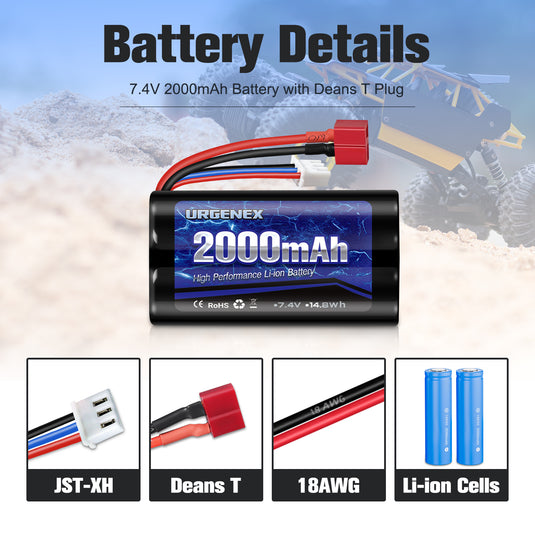 7.4 V Li-ion Battery 2000mAh High Capacity 15C with Deans T Plug