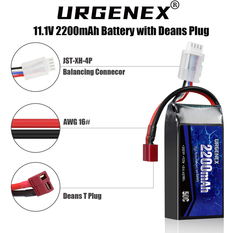 Load image into Gallery viewer, URGENEX 3S Lipo Battery 2200mAh 11.1V 50C High Discharge Rate RC Batteries with Deans T Plug Fit for RC Car Truggy, RC Airplane, FPV Drone, UAV Quadcopter, Helicopter and RC Boats Racing Models 2 Pack
