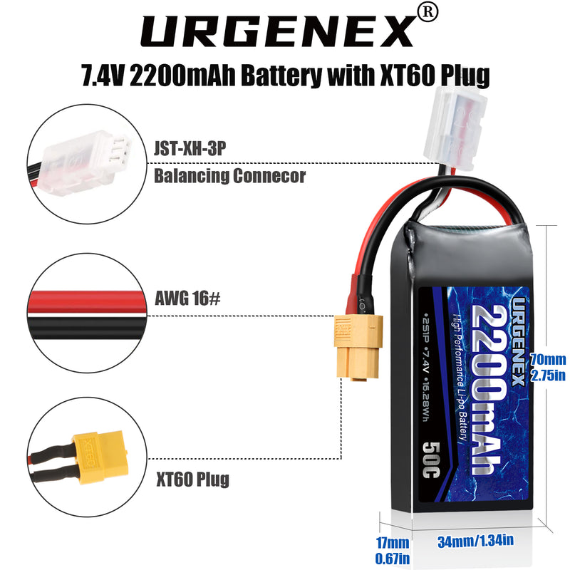 Load image into Gallery viewer, URGENEX 7.4V 2200mAh Lipo Battery 50C High Discharge Rate RC Batteries XT60 Plug with 1 to 2 USB Charger Fit for RC Car Truggy, RC Airplane, FPV Drone, UAV Quadcopter and Helicopter
