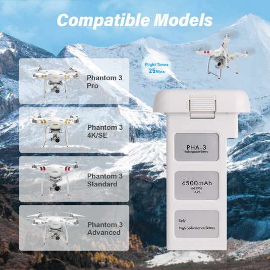 Phantom 3 Intelligent Flight Battery 15.2V 4500mAh High Capacity Replacement Battery Compatible with DJI Phantom 3 Standard/ 3 Pro/ 3 SE/ 3 4K/ 3 Advanced Drone, Up to 25Mins Max Flight Time