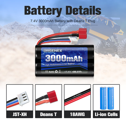 URGENEX 3000mAh 7.4 V Li-ion Battery with Deans T Plug 2S Rechargeable RC Battery Fit for WLtoys 4WD High Speed RC Cars and Most 1/10, 1/12, 1/16 Scale RC Cars Trucks with 7.4V Battery Charger