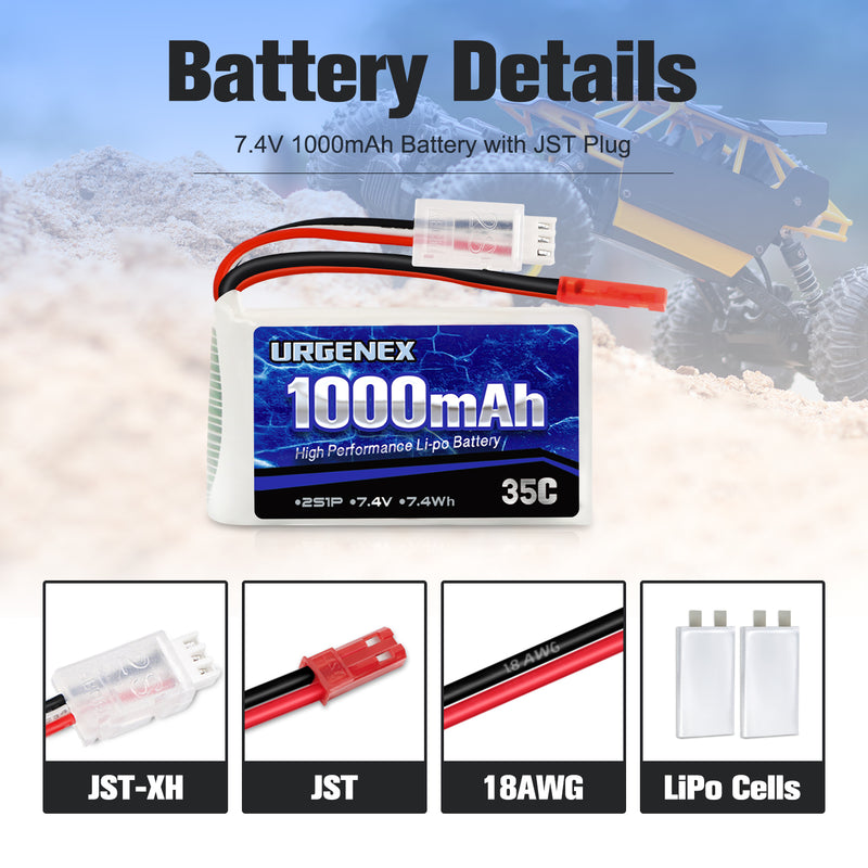 Load image into Gallery viewer, URGENEX 7.4V Lipo Battery 1000mAh 2S Li-Po Battery 35C with JST Plug RC Batteries Fit for WLtoys Rc Cars A949 A959 A969 A979 K929 and Most 1/10, 1/16, 1/18, 1/24 Scale RC Cars Remote Control Cars
