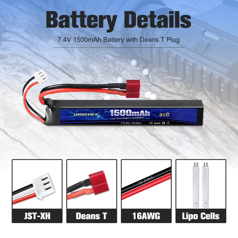 Load image into Gallery viewer, URGENEX Airsoft Battery 7.4V 1500mAh 35C High Discharge Rate Lipo Battery Pack with Deans T Plug Rechargeable 2S Lipo Battery for Airsoft Model Guns
