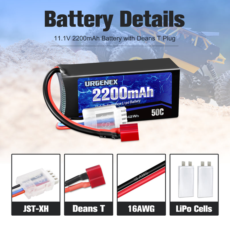 Load image into Gallery viewer, URGENEX 3S Lipo Battery 2200mAh 11.1V 50C High Discharge Rate RC Batteries with Deans T Plug Fit for RC Car Truggy, RC Airplane, FPV Drone, UAV Quadcopter, Helicopter and RC Boats Racing Models 2 Pack
