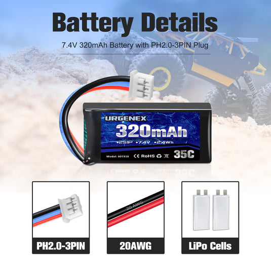 URGENEX 7.4V Lipo Battery 2S 35C 320mAh Rechargeable Lipo Battery PH2.0 3PIN Plug with USB Charger Cable Compatible with UMX 2S Airplane