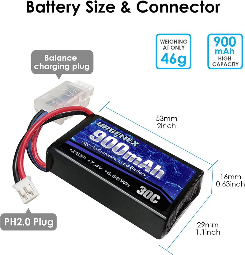 Load image into Gallery viewer, URGENEX 7.4V 900mAh Lipo Battery with Ph2.0 Plug 30C Fit for Axial SCX24 with 1TO2 USB Charger

