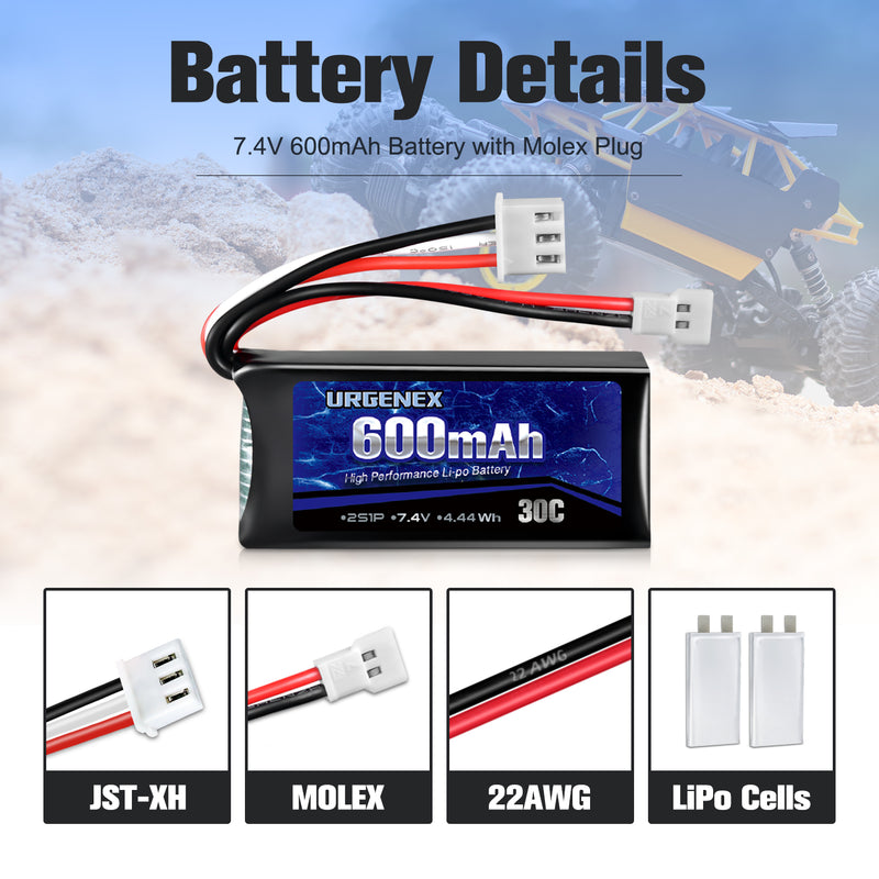Load image into Gallery viewer, URGENEX FCX24 Battery 7.4V 600mAh 30C Lipo Battery with Molex Plug Fit for FMS FCX24 Atlas RC Car, Truck, Truggy 2S Rechargeable Li-Po Battery 2 Pack with 1 to 2 USB Charger
