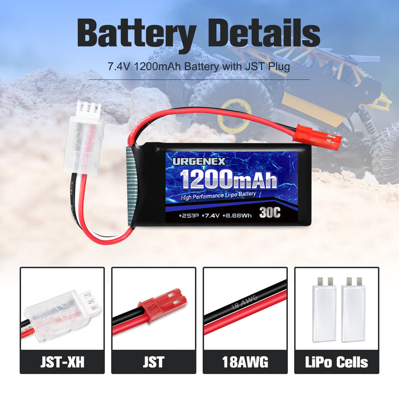 Load image into Gallery viewer, URGENEX 7.4V 1200mAh RC Car Battery, Rechargeable Lipo Battery with JST Plug 1200mAh 30C
