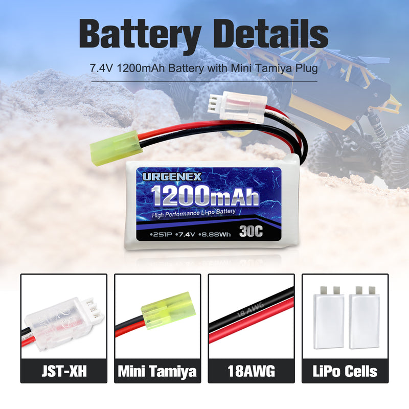 Load image into Gallery viewer, 7.4V Lipo Battery 1200mAh with Mini Tamiya Plug 2S 30C 8.88Wh Rechargeable Lipo Battery Campatibal with DEERC 302E/E300 1/18 Scale 9300 9310 300E RC Car Truck with USB Charger Cable 2 Pack
