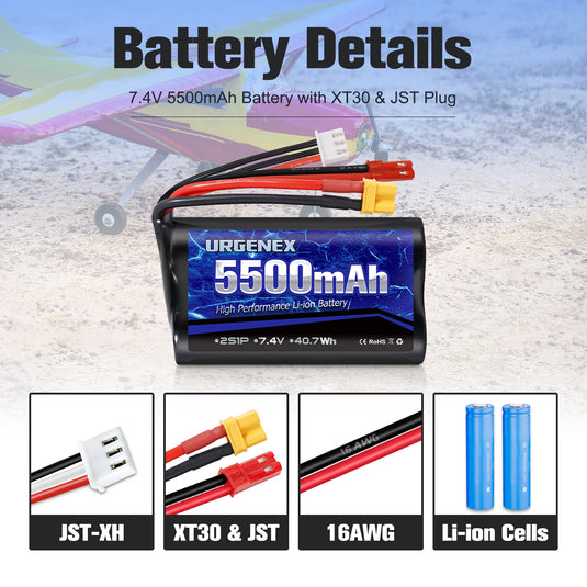 URGENEX TX16S Battery 5500mAh High Capacity 7.4V 2S Li-ion Battery with XT30&JST Dual Plug Fit for Boxer/TX16S Remote Controller, TX18S, RC4GS, RC6GS, TX12 RC Transmitter Compatible with RC Car Truck
