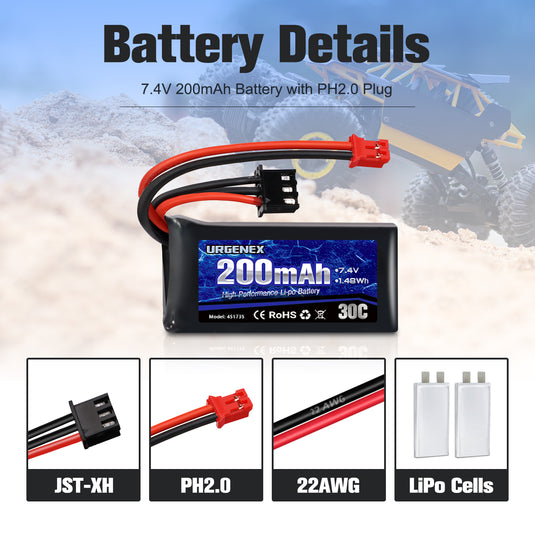 URGENEX 2S 30C 7.4V 200mAh Rechargeable Light Lipo Battery with PH2.0 Plug, Low Internal Efficient Energy Fit for Axial SCX30 Jeep Wrangler JLU, Ford Bronco & Chevrolet K10 RC Crawlers