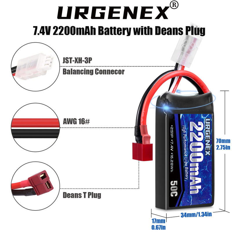 Load image into Gallery viewer, URGENEX 7.4V 2200mAh Lipo Battery 50C High Discharge Rate RC Batteries Deans T Plug with 1 to 2 USB Charger Fit for RC Car Truggy, RC Airplane, FPV Drone, UAV Quadcopter and Helicopter
