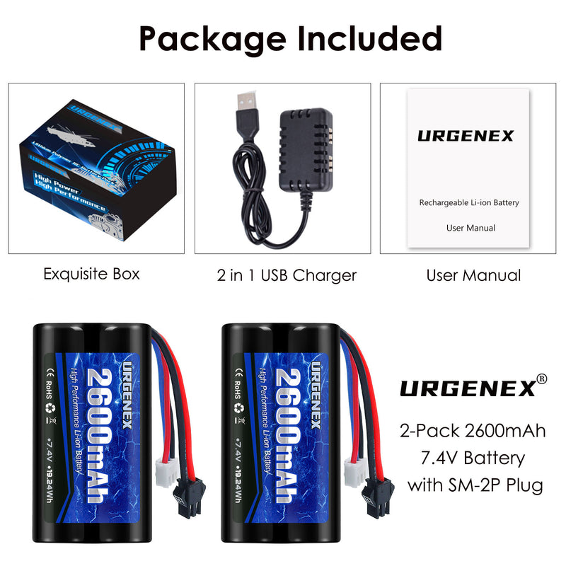 Load image into Gallery viewer, URGENEX 2600mAh 7.4V Li-ion Battery with SM-2P Plug 2S Rechargeable RC Battery Compatible with Most WPL MN RC Cars Trucks and H101 RC Boat High Capacity RC Batteries with 7.4V 1 to 2 USB Charger
