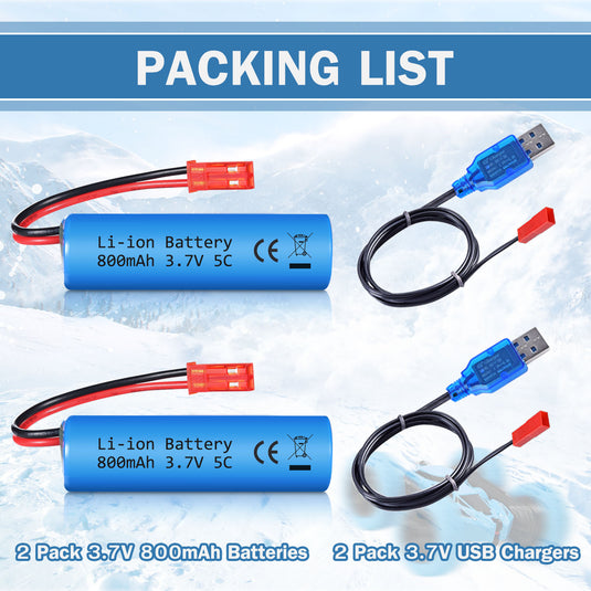 URGENEX 3.7V 800mah Li-ion Battery 2Pack with USB Chargers JST Plug RC Rechargeable 1S Battery Compatible with Huina RC Construction Trucks