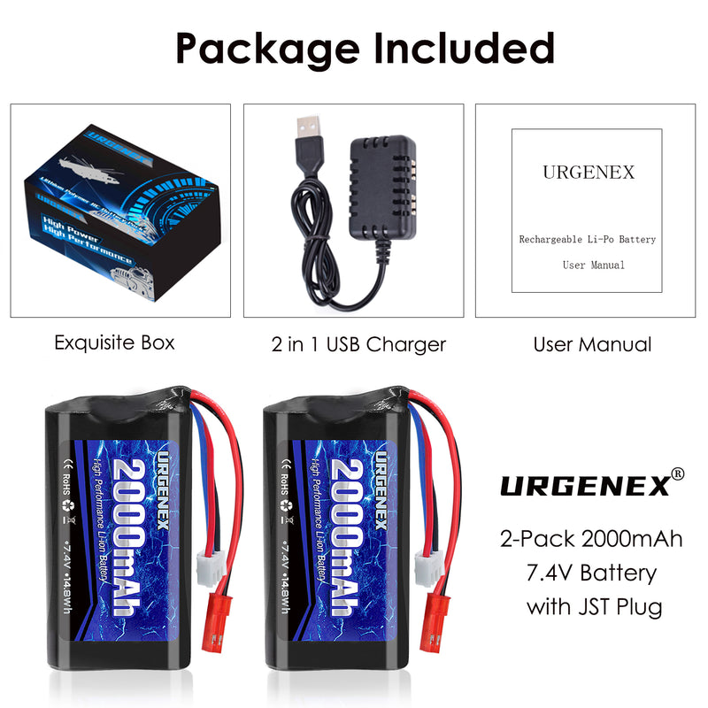 Load image into Gallery viewer, URGENEX 2S RC Battery 2000mAh 7.4 V Li-ion Battery with JST Plug 2S Rechargeable RC Battery with 1 to 2 USB Charger Fit for RC Helicopter Car Truck and RC Boats

